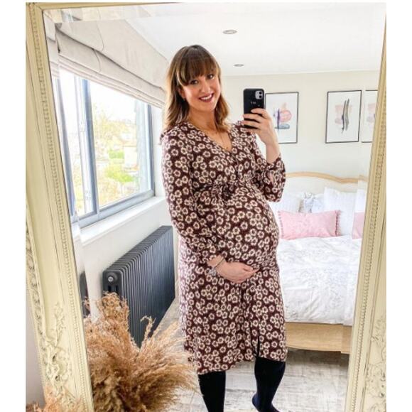 Isabella Oliver Floral Dress – Brown Long Sleeve Midi Tie Waist Maternity - Picture 10 of 10